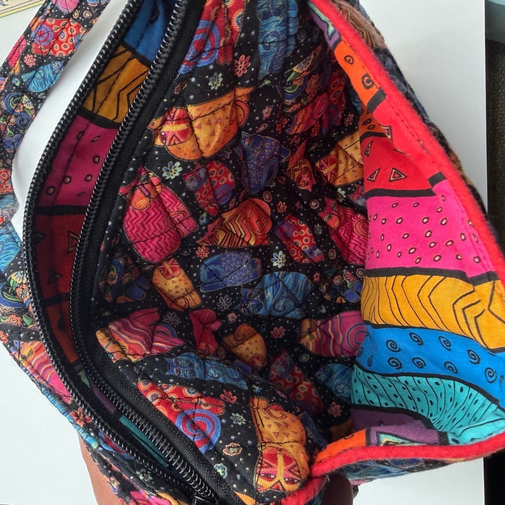 Laurel Burch Colorful Cat Print Crossbody Bag Black Multicolor Zip Shoulder - Picture 7 of 11